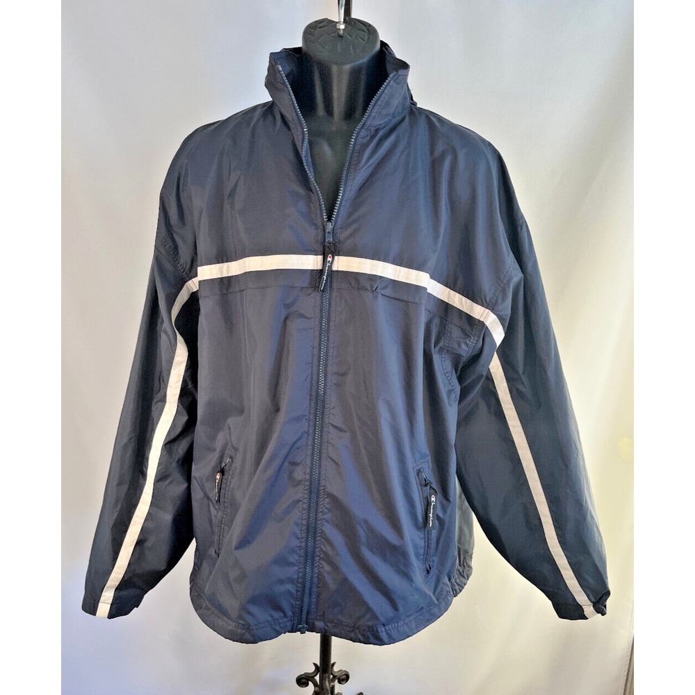 Mens Retro Champion Packable Full Zip Hooded Windbreaker Track Jacket Stripes XL